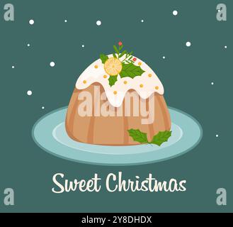 Gâteau de Noël sur la plaque avec inscription Sweet Christmas . Gâteau aux fruits séchés et confits, citron et feuilles. Illustration de Vecteur