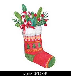 Bas de Noël avec cadeaux. Aquarelle illustration dessinée à la main du décor du nouvel an avec branches de sapin, houx et caramel. Pour la conception de l'hiver Banque D'Images