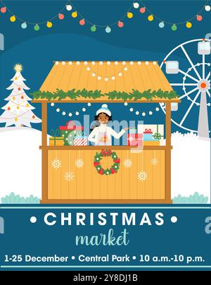 Affiche publicitaire du marché de Noël. La jeune femme afro-américaine vend des cadeaux au kiosque. Marché de Noël. Illustration de Vecteur