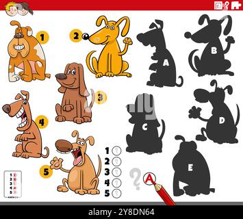 Illustration de dessin animé de trouver les ombres à droite à l'activité éducative images avec des chiens personnages animaux Illustration de Vecteur