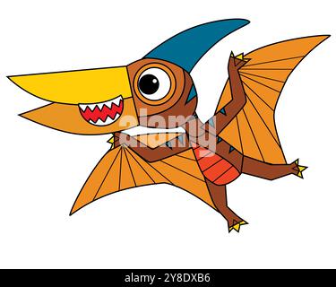 scène de dessin animé avec heureux animal préhistorique pteranodon dinosaure dinosaure volant oiseau souriant et marchant isolé sur l'illustration de fond blanc pour enfant Banque D'Images