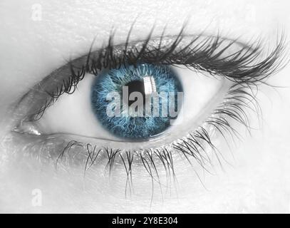 Image macro de l'œil humain avec iris bleu et peau désaturée. Gros plan Banque D'Images