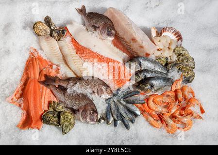 Un merveilleux assortiment de fruits de mer frais présenté sur glace pour de délicieux délices culinaires Banque D'Images