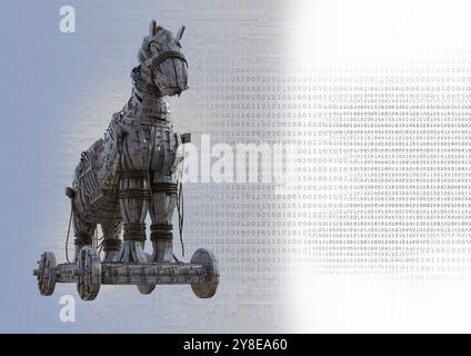 Illustration conceptuelle d'un virus informatique de cheval de Troie. Un cheval de Troie est un type de malware qui se déguise en programme légitime et se télécharge sur un ordinateur. Les attaques de chevaux de Troie ont causé des dommages importants en infectant les ordinateurs et en volant les données des utilisateurs. Banque D'Images