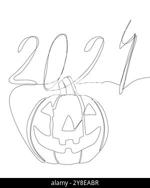 Une ligne continue de numéro 2024 et une citrouille Jack O' Lantern d'Halloween. Concept vectoriel d'illustration de ligne mince. Contour Drawing idées créatives. Illustration de Vecteur