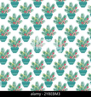 Brindilles de sapin avec canne de bonbons rayée, jouets de Noël et flocon de neige dans un modèle sans couture de pot de fleur. Illustration vectorielle isolée emballage, papier peint ou web, bannière, salutations ou fond d'invitation Illustration de Vecteur