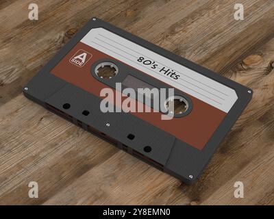 Cassette tape 80 frappe sur un fond en bois. illustration 3d. Banque D'Images