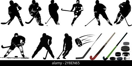 Joueurs de hockey, bâtons de hockey sur glace et Gross, ensemble silhouette de palets de hockey sur glace Illustration de Vecteur