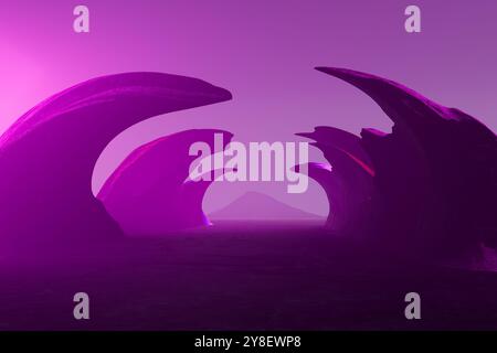 Illustration de rendu 3D Un paysage violet avec une montagne en arrière-plan Banque D'Images