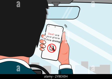 N'utilisez pas votre téléphone en conduisant concept. Un homme conduisant une voiture tout en utilisant un téléphone portable. Campagne de sécurité routière. Illustration vectorielle. Illustration de Vecteur