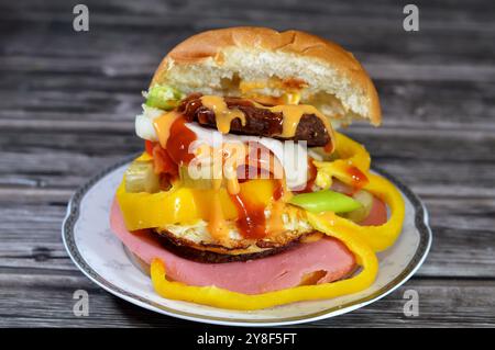 Hamburger de bœuf frit avec tranches de concombres marinés, oignons, viande de déjeuner coupée, ketchup et sauce burger, morceaux de pain burger, restauration rapide, Junk Banque D'Images