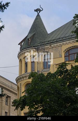 Riga, Lettonie - 15 septembre 2024 : Maison de chat. Des gens marchant à Riga. Rues, bâtiments. Style de vie en zone urbaine. Jour d'été nuageux. Mise au point sélective Banque D'Images