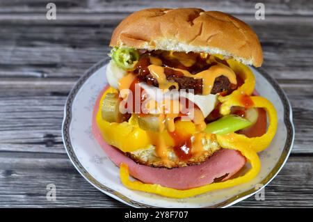 Hamburger de bœuf frit avec tranches de concombres marinés, oignons, viande de déjeuner coupée, ketchup et sauce burger, morceaux de pain burger, restauration rapide, Junk Banque D'Images