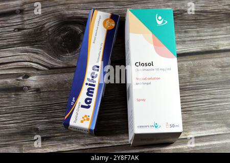 Le Caire, Egypte, septembre 29 2024 : antifongiques topiques, Lamifen crème terbinafine HCL et Closol Clotrimazol 10mg solution topique en spray, pour le trea Banque D'Images