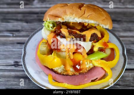 Hamburger de bœuf frit avec tranches de concombres marinés, oignons, viande de déjeuner coupée, ketchup et sauce burger, morceaux de pain burger, restauration rapide, Junk Banque D'Images