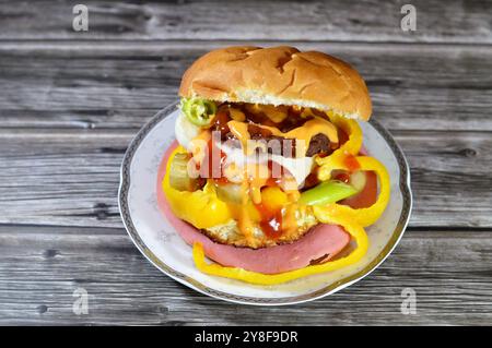 Hamburger de bœuf frit avec tranches de concombres marinés, oignons, viande de déjeuner coupée, ketchup et sauce burger, morceaux de pain burger, restauration rapide, Junk Banque D'Images