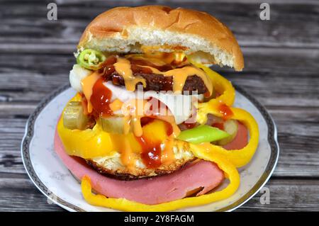 Hamburger de bœuf frit avec tranches de concombres marinés, oignons, viande de déjeuner coupée, ketchup et sauce burger, morceaux de pain burger, restauration rapide, Junk Banque D'Images