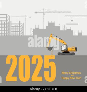 Carte de voeux du nouvel an. année 2025. La pelle creuse les chiffres du nouvel an. Illustration de Vecteur