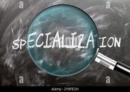 Spécialisation - apprendre, étudier et inspecter. Examiner de plus près la spécialisation. Une loupe agrandissant le mot « spécialisation » écrit sur un Banque D'Images