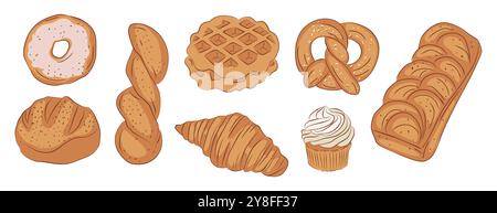 Ensemble de pains, produits cuits maison isolés Illustration de Vecteur