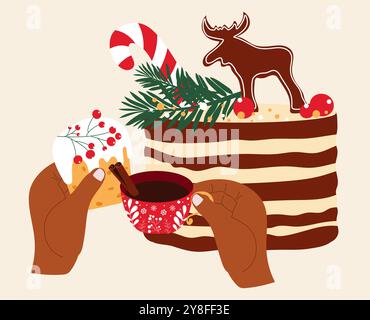 Illustration d'hiver avec gâteau décoré et mains à peau foncée tenant cupcake et tasse de thé chaud. Illustration de Vecteur