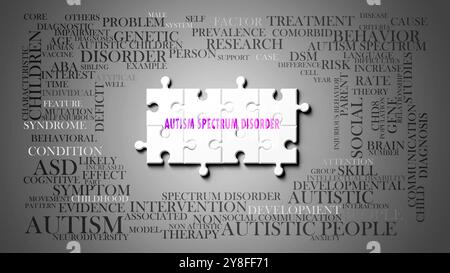 Trouble du spectre autistique comme un sujet complexe, lié à des sujets importants se propageant autour d'un nuage de mots. Banque D'Images