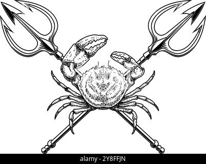 Crabe et deux tridents croisés. Élément de design pour emblème, signe, badge, affiche. Illustration vectorielle Illustration de Vecteur