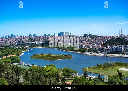 Turkiye. Istanbul. Vue panoramique sur la Corne d'Or avec ses berges vertes, ses bâtiments et ses gratte-ciel en arrière-plan sous un ciel bleu ensoleillé Banque D'Images