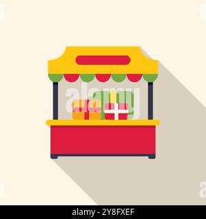 Illustration colorée d'un étal de marché de noël vendant des cadeaux, dans un style de conception plat avec une longue ombre Illustration de Vecteur