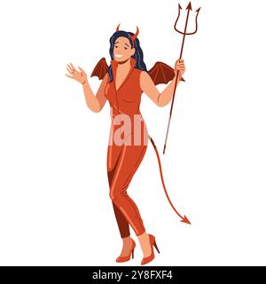 Femme souriante en costume de diable détient l'illustration de trident Illustration de Vecteur
