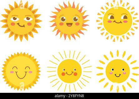 Soleil drôle avec icône de visage dans un style plat. Illustration vectorielle emoji soleil d'été sur fond isolé. Concept d'entreprise de signe de soleil souriant. Illustration de Vecteur