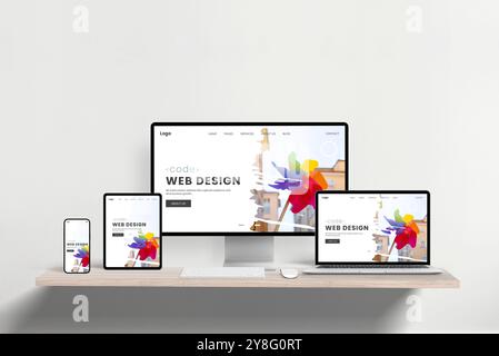 Page de studio de conception Web réactif affichée sur ordinateur portable, téléphone, tablette et ordinateur sur le bureau. Présentation de la fonctionnalité et du mode multi-appareils Banque D'Images