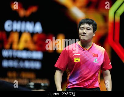 Pékin, Chine. 5 octobre 2024. Liang Jingkun réagit lors de la demi-finale masculine en simple entre ma long de Chine et Liang Jingkun de Chine au World Tennis de table (WTT) China Smash 2024 à Beijing, Chine, 5 octobre 2024. Crédit : Zhang Chenlin/Xinhua/Alamy Live News Banque D'Images