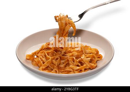 Pâtes tagliatelles avec sauce tomate sur fourchette sur assiette blanche isolée sur blanc avec chemin de coupe inclus Banque D'Images