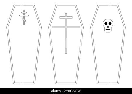 Un ensemble de trois cercueils sur le thème d'Halloween pour la coloration, avec des croix et un crâne. Parfait pour les activités effrayantes des enfants et le plaisir d'Halloween. Illustration de Vecteur