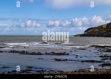 Le rivage de la mer, où l'eau joue comme elle frappe le rivage. Des roches pierreuses et des couds décorent les environs. Banque D'Images