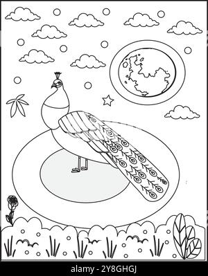 Paon mignon dessiné à la main pour adultes et enfants coloriage page. Illustration de Vecteur