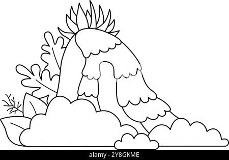 Icône de cascade noire et blanche de vecteur. Illustration de ligne de paysage nature ou page de coloriage. Image de chute d'eau avec verdure, arbres, papillon. Wildli Illustration de Vecteur