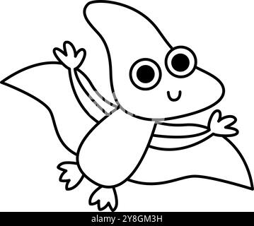 Icône de ptérodactyl bébé noir et blanc vecteur. Mignon petit dinosaure avec des ailes illustration pour les enfants. Ligne drôle Dino Kid clipart pour les enfants isolés Illustration de Vecteur