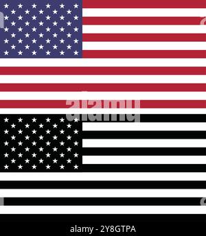 Drapeau américain couleur et noir. Le drapeau des États-Unis en deux variations, couleur et noir. Isolé sans arrière-plan. Illustration de Vecteur