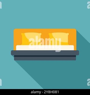 Lit double moderne avec des oreillers jaunes est debout dans une chambre avec une longue ombre, représenté dans un style plat Illustration de Vecteur
