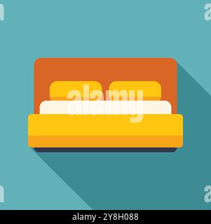 Icône simple d'un lit double avec oreillers, couverture et tête de lit en bois jetant une longue ombre sur un fond bleu Illustration de Vecteur