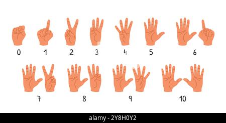 Mains humaines montrant différents nombres de 0 à 10 Illustration de Vecteur