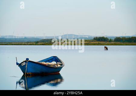 Le village de Sant'Antioco et les bateaux de pêcheurs vus de l'étang de Santa Caterina, Sant'Antioco, île, Sardaigne, Italie Banque D'Images