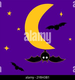 chauves-souris volant à travers la pleine lune sur halloween nuit magique composition loin cartes de voeux tipographie Illustration de Vecteur