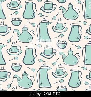 Théière dessinée à la main rétro, cafetière et tasses fond de modèle vectoriel sans couture. Fond de vaisselle de petit déjeuner bleu blanc. Icônes de cuisine confortables Illustration de Vecteur