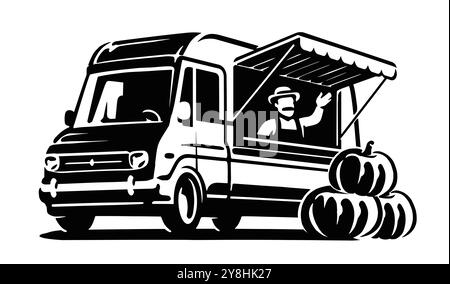 Camion agricole avec citrouilles. Dessin du marché des agriculteurs. Illustration vectorielle en noir et blanc dessinée à la main Illustration de Vecteur