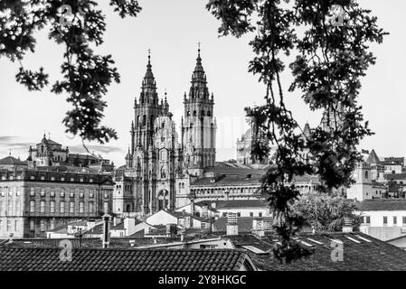 Coucher de soleil sur Saint-Jacques-de-Compostelle vu du célèbre point de vue de la cathédrale dans le parc Alameda, Galice en Espagne Banque D'Images