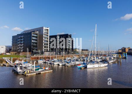 Bateaux amarrés dans la marina avec des aparments derrière, Cardiff Bay, pays de Galles, Royaume-Uni Banque D'Images