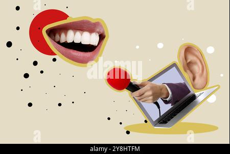 Collage créatif avec la main du journaliste tenant le microphone hors de l'ordinateur portable sur fond couleur Banque D'Images